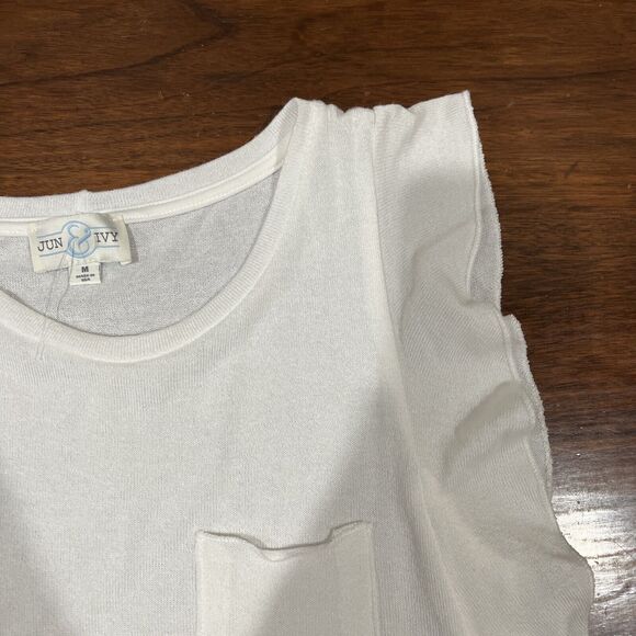 Jun & Ivy Shirt M‎ White Flutter Sleeve Sleeveless Pocket Blouse Classic Preppy - Picture 4 of 13